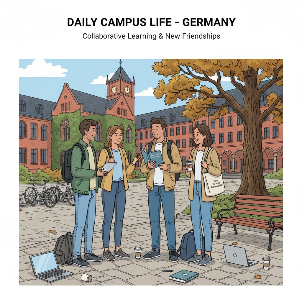 A group of European students chatting in a German university campus, showing their daily interaction in the new study environment. European students adapting to German study environment - language and social interaction