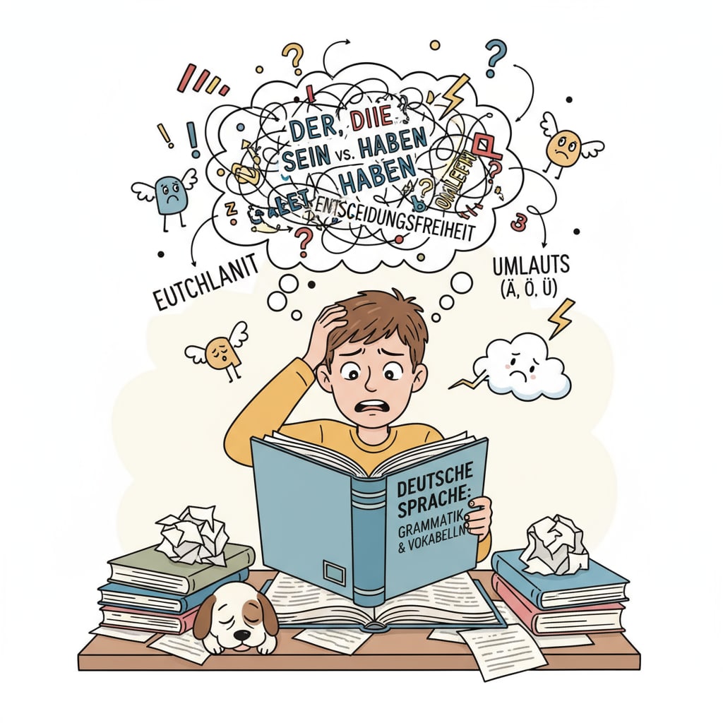 A student struggling with a German textbook, depicting the challenge of dealing with the German language during study. Student facing language barrier while studying German