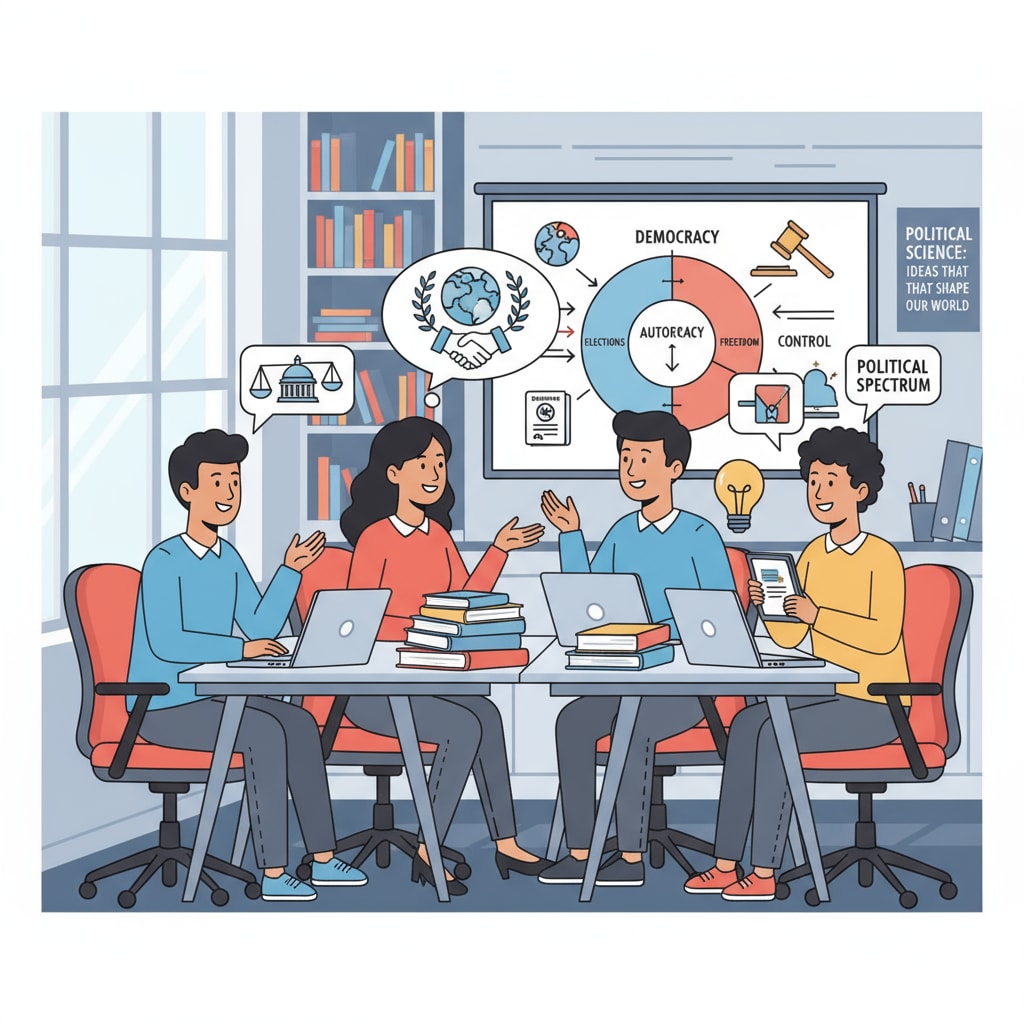 A group of students are engaged in a lively discussion about political science concepts in a modern university classroom. Students discussing political science in a European university classroom as part of academic recommendations