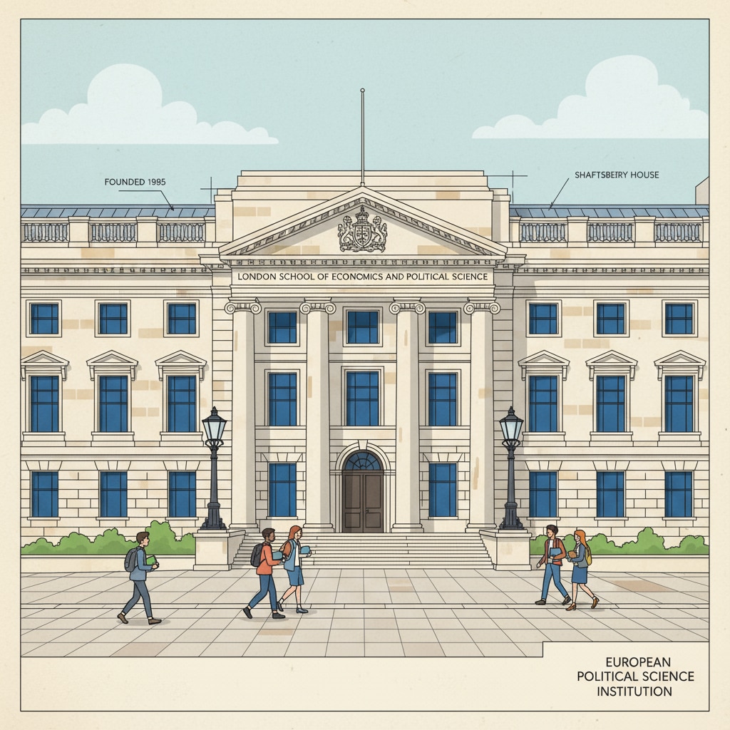 The imposing exterior of the London School of Economics and Political Science building, a renowned institution for political science in Europe. Exterior view of the London School of Economics and Political Science building for academic recommendations in political science