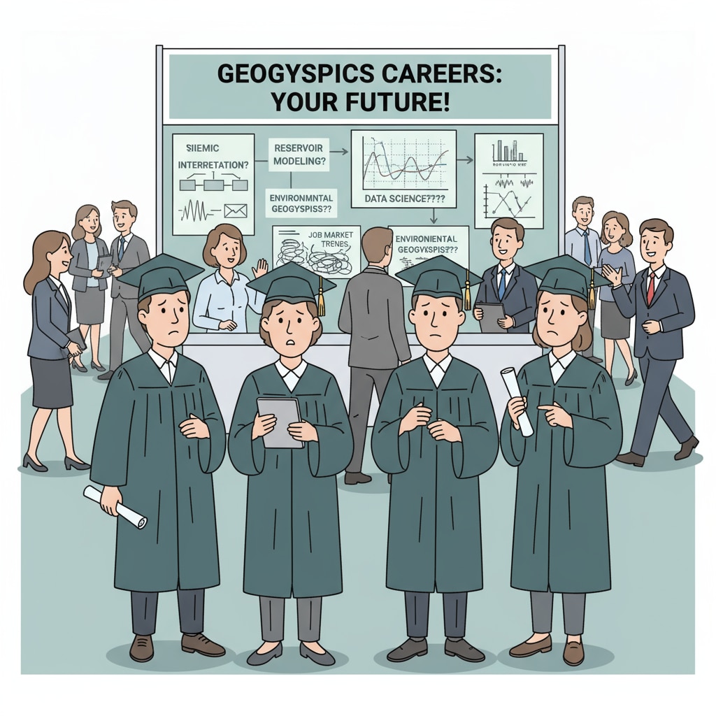 A group of geophysics graduates looking confused at a career fair, indicating their uncertainty about future job prospects. Geophysics graduates facing employment dilemmas at a career fair