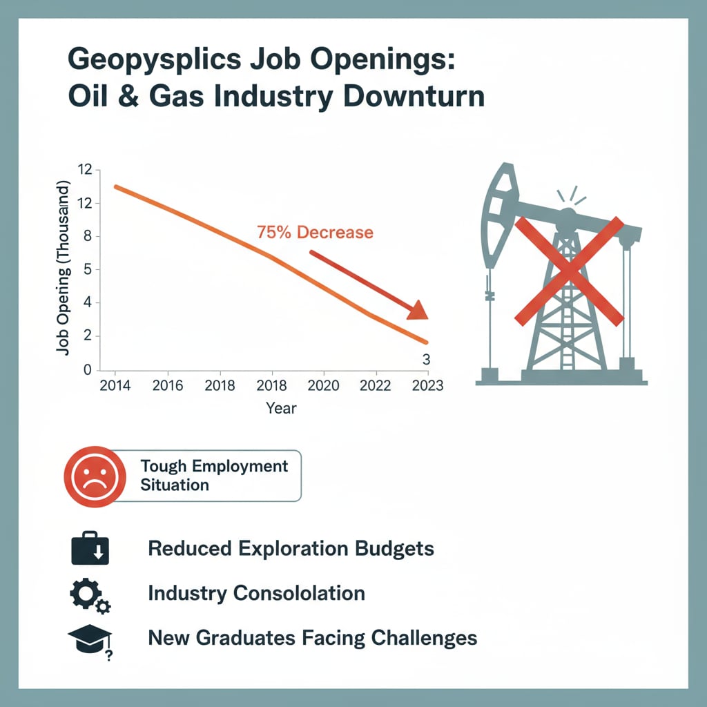 A graph showing the decline in geophysics job openings in the oil and gas industry, highlighting the tough employment situation in this sector. Graph depicting the decline in geophysics job openings in the oil and gas industry