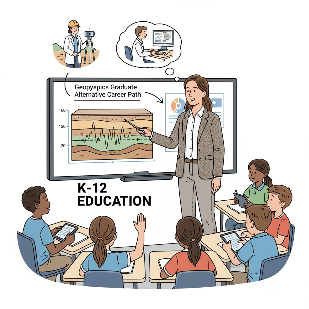 A geophysics graduate teaching students in a classroom, representing the alternative career path of K12 education. Geophysics graduate exploring the K12 education career path