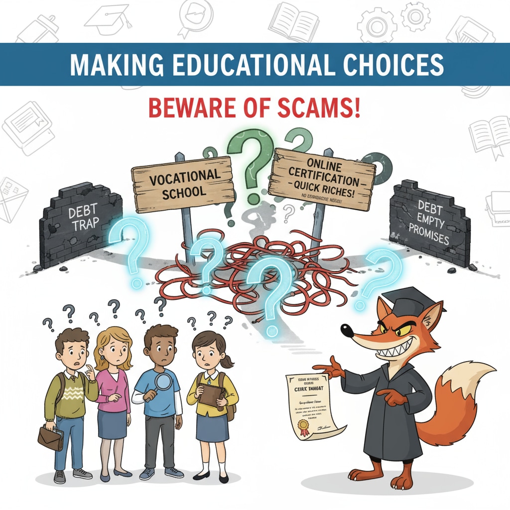 A visual showing students looking confused about educational choices, highlighting the uncertainty caused by educational scams. Students confused due to educational scams related to Schiller International University and GEDU Group