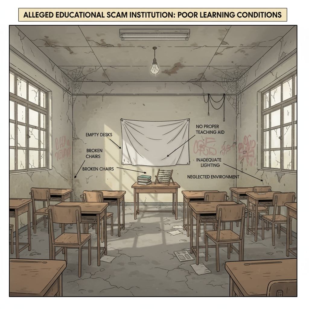 A picture of a classroom with empty desks and a lack of proper teaching equipment, depicting the poor conditions in alleged educational scam institutions. Poor classroom conditions in institutions like Schiller International University involved in educational scams