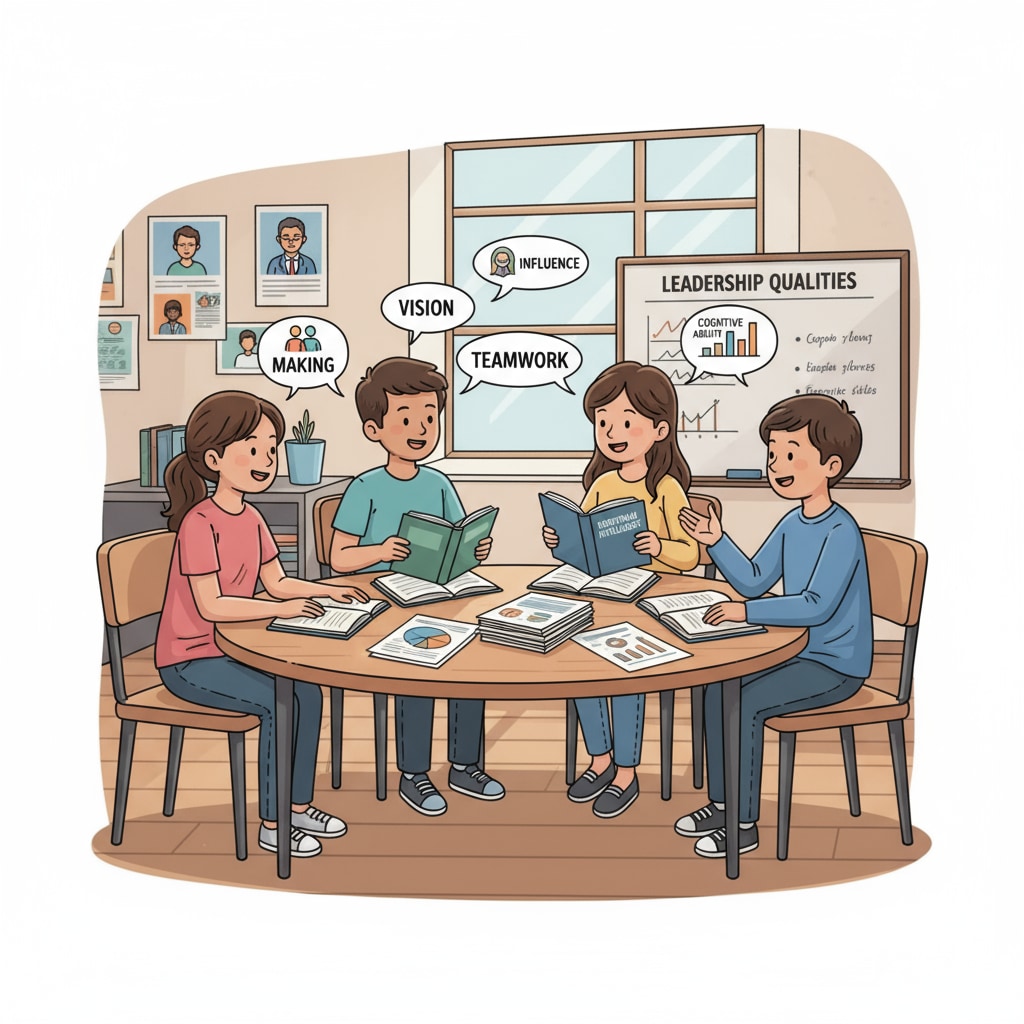 A group of students in a K12 classroom discussing leadership concepts, with books and papers related to IQ research on the table K12 students discussing leadership and IQ research