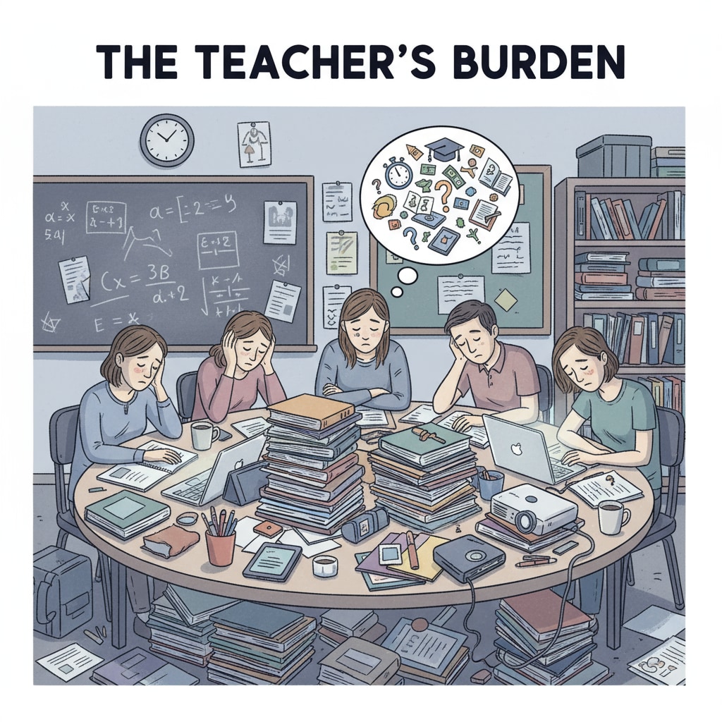 K12 teachers showing signs of burnout due to excessive workload from teaching materials.