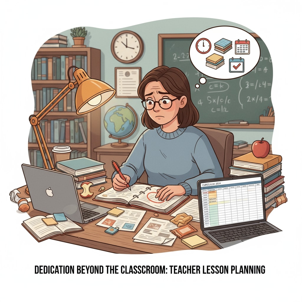 A K12 teacher working late at night on lesson planning, highlighting teacher overload.