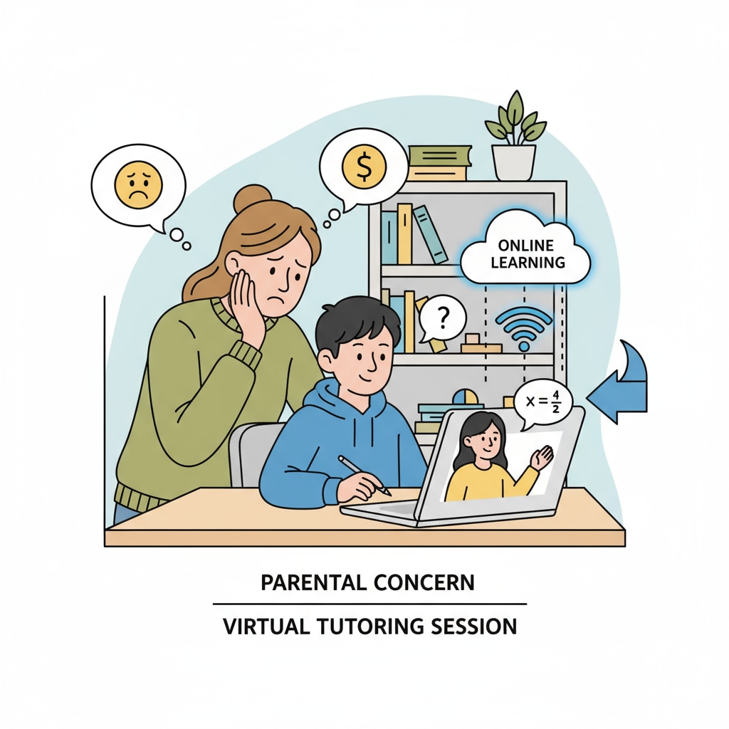 A parent looking concerned while a child is attending an online tutoring session Concerned parent during a child's online K-12 tutoring session related to trust issues