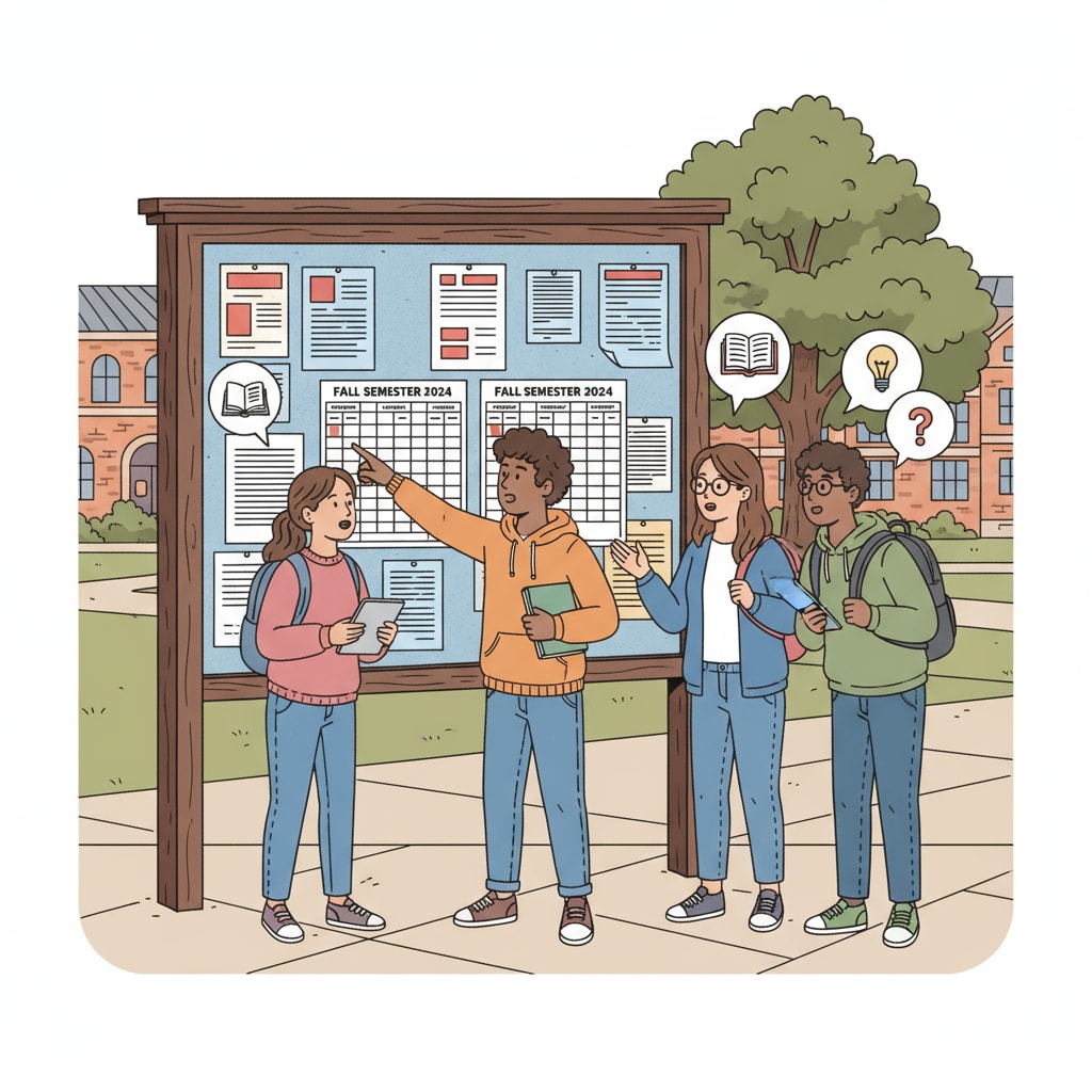 A group of university freshmen are standing in front of a campus notice board, looking at class schedules and discussing their options. Some are pointing at the board, while others are engaged in animated conversations. University freshmen discussing class schedules related to morning and afternoon classes time arrangement