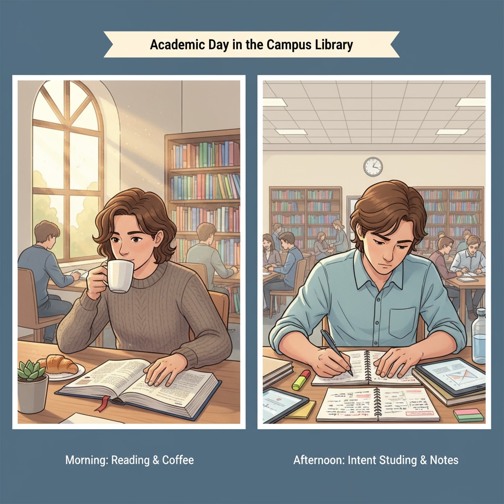 A student is shown sitting at a desk in a campus library at different times of the day. In one scene, it's morning, and the student is sipping coffee while reading a book. In another, it's afternoon, and the student is taking notes intently. A student studying at different times of the day to show the impact on learning efficiency in relation to university class time arrangement