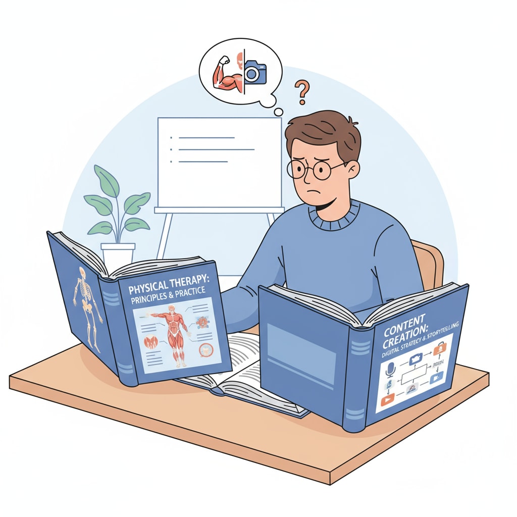 A person sitting at a desk, looking at two open books - one about physical therapy and the other about content creation, with a confused expression A person considering a career change between physical therapy and content creation