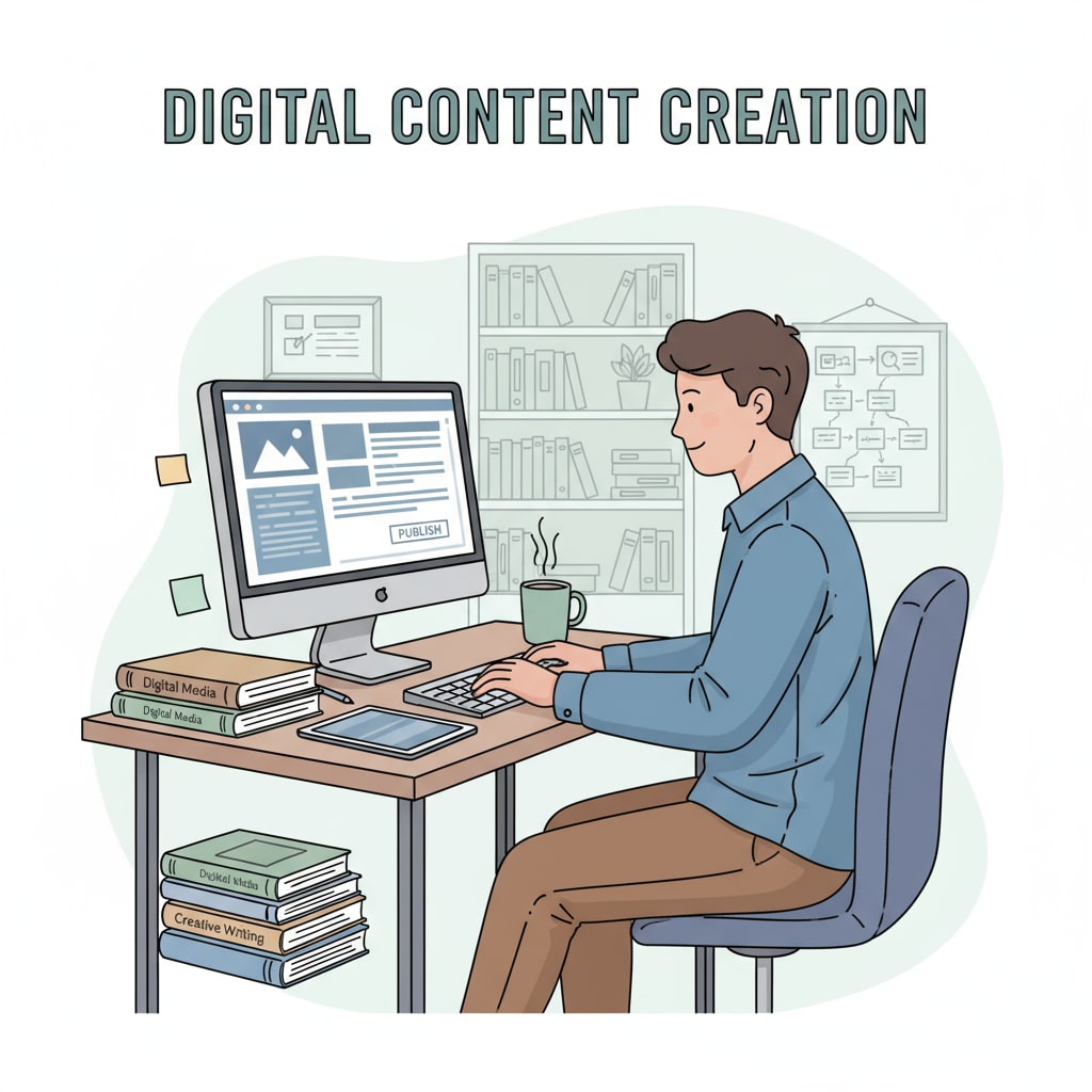 A person sitting in front of a computer, typing and creating content, with a focused look A person engaged in content creation