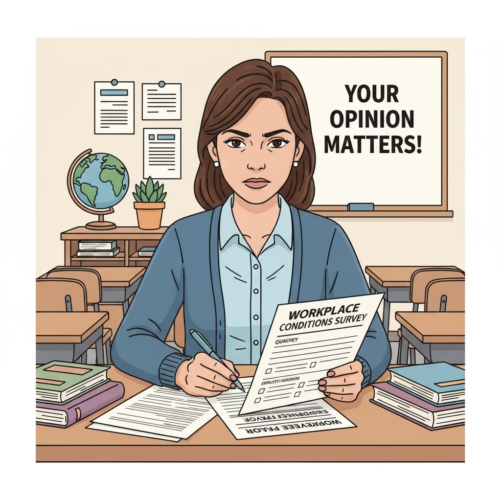A teacher is sitting at a desk, carefully filling out a questionnaire about working conditions, with a focused expression. A teacher filling out a questionnaire related to teachers' working conditions for thesis research