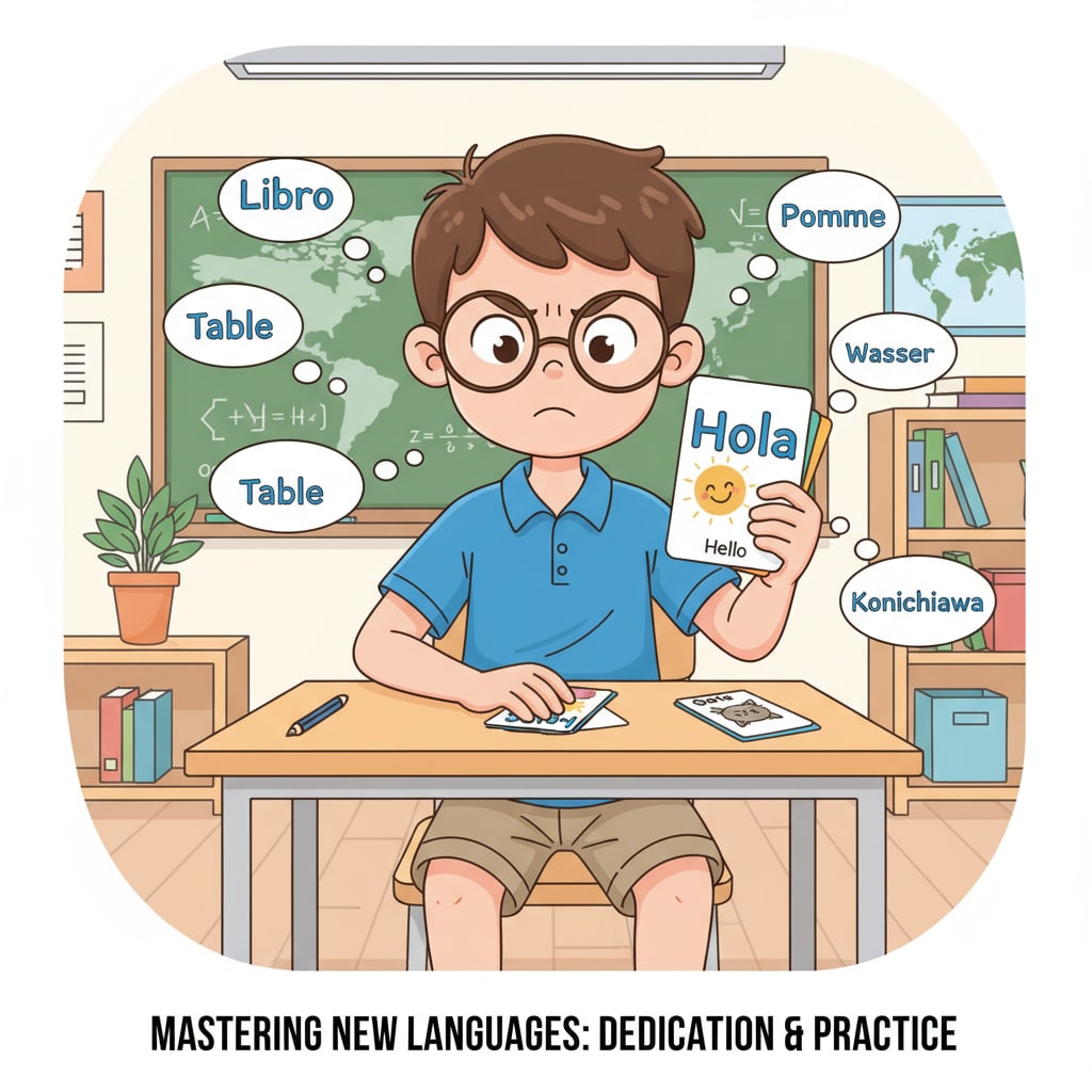 Student using flashcards for second language learning to enhance cognitive ability