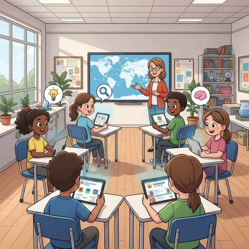 A classroom scene where students are using tablets to access free learning platforms, showing their engaged expressions. Students accessing free learning platforms in a classroom