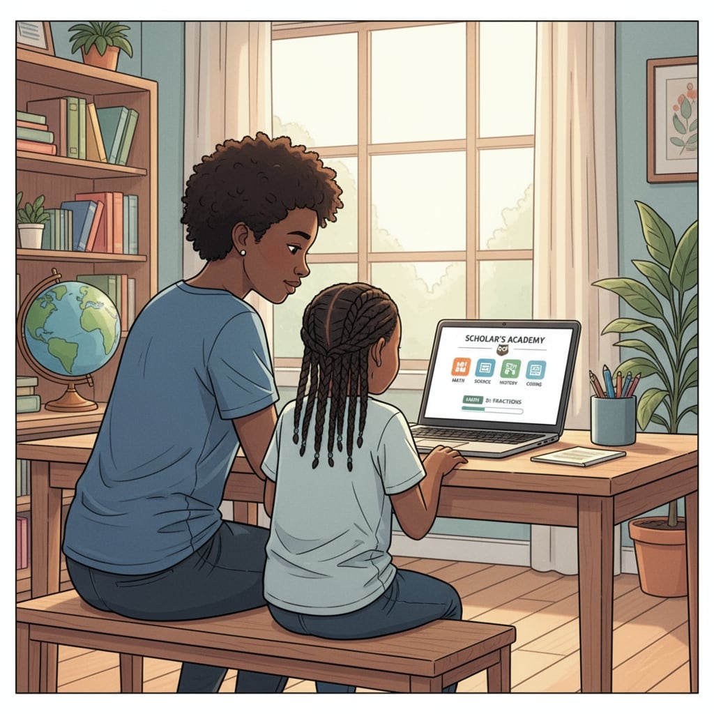 A parent and a child are sitting in front of a laptop, looking at a free learning platform page with interest. Parent and child exploring a free learning platform on a laptop