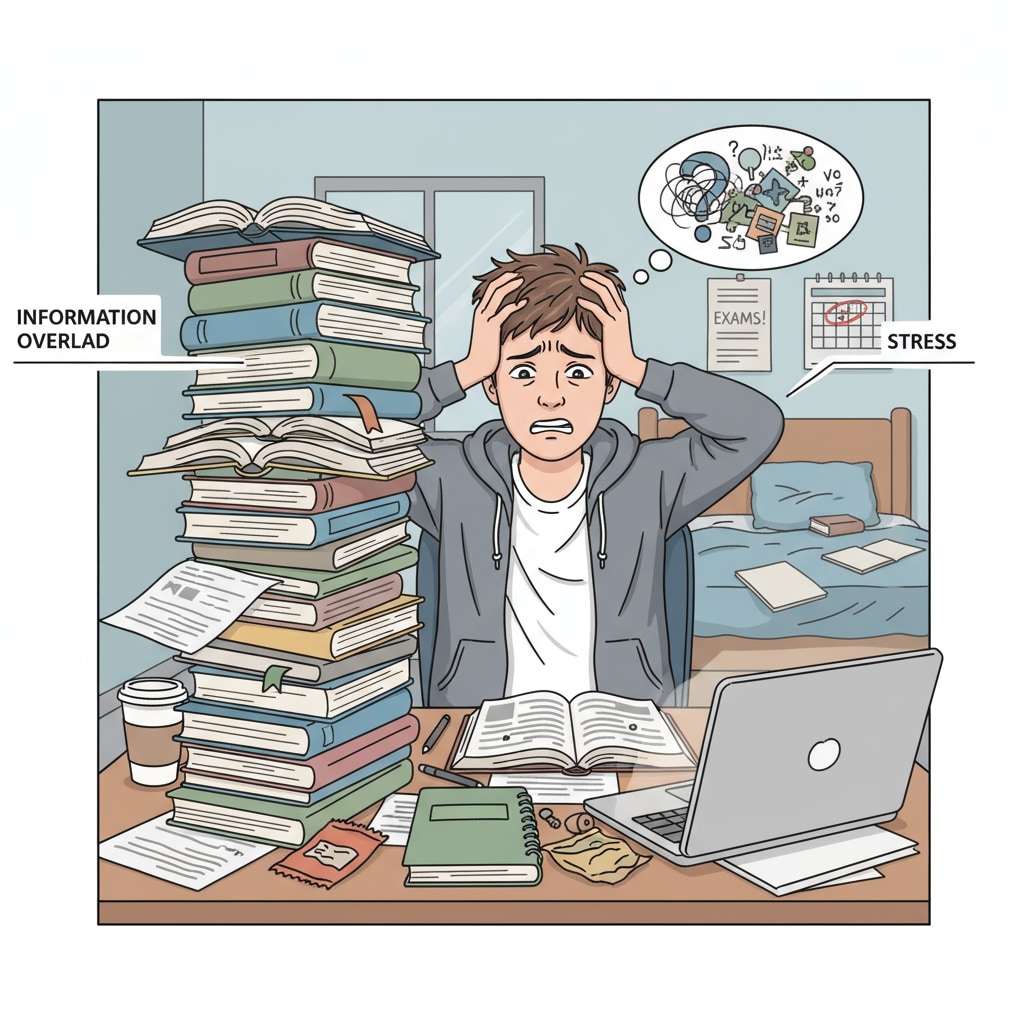 A student is sitting at a desk, looking at a pile of books and papers with a confused expression, which shows the state of being at a loss during exam preparation. A student facing difficulties in exam preparation due to inadequate planning