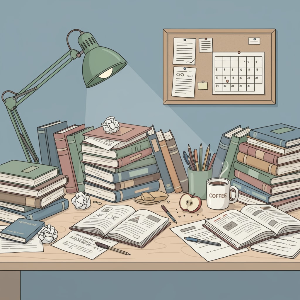 A study desk is filled with scattered books and papers, indicating a disorganized study environment. Disorganized study setup showing lack of proper preparation