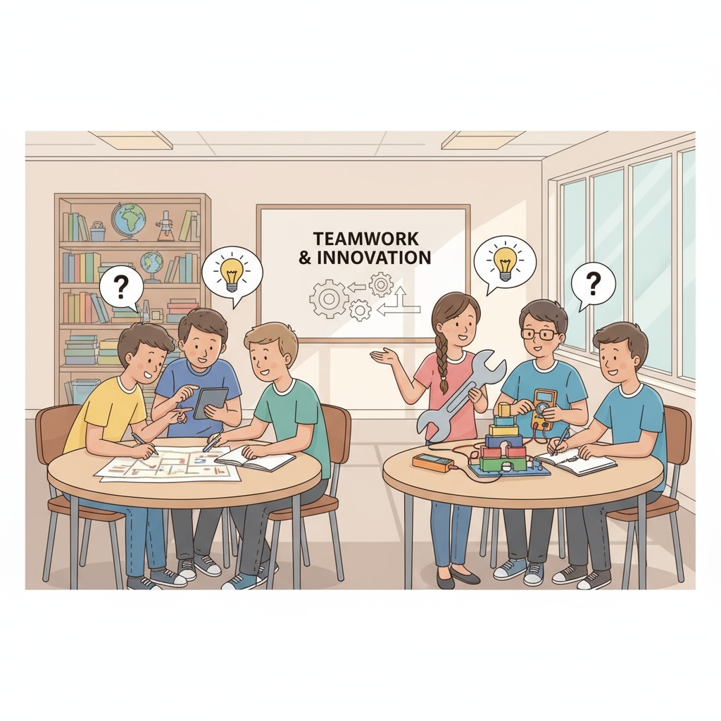 A classroom scene where students are actively engaged in group discussions, sharing ideas and collaborating on a project. Group learning in a K12 classroom setting enhancing learning effectiveness
