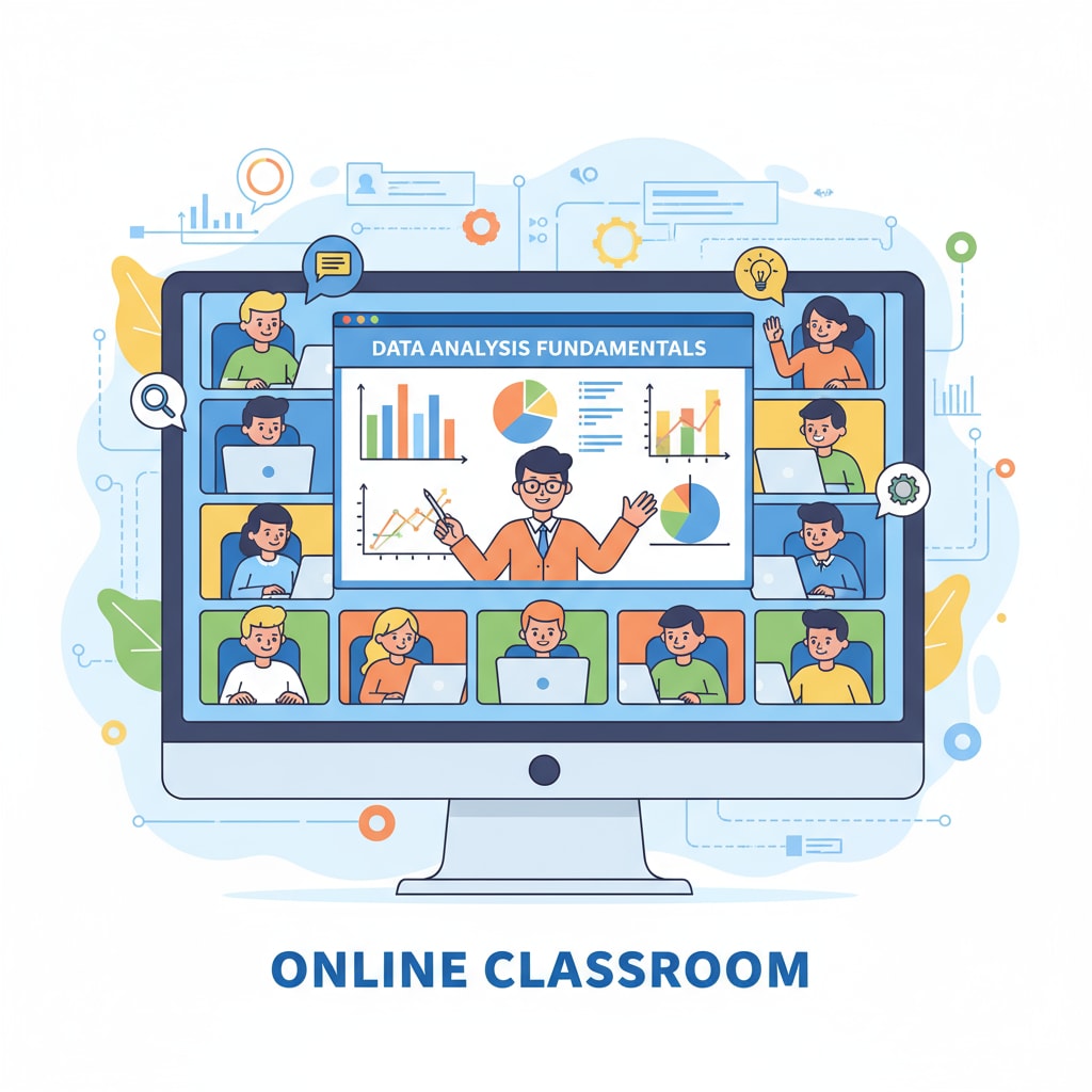 A virtual classroom scene where students are participating in an online data analysis course. Online education, data analysis, and education costs - students in an online data analysis class