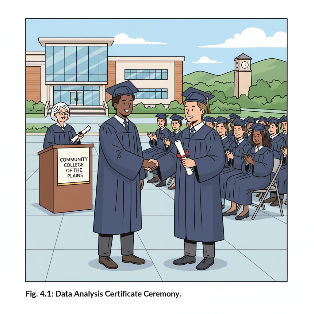 A graduation ceremony at a community college where a student is receiving a data analysis certificate. Online education, data analysis, and education costs - student receiving a data analysis certificate at community college