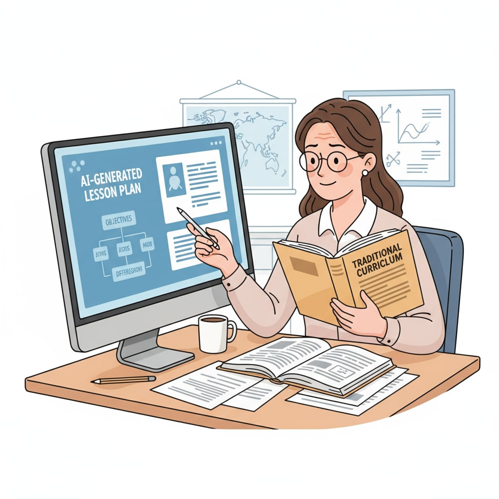 A teacher comparing AI - generated lesson plan and textbook