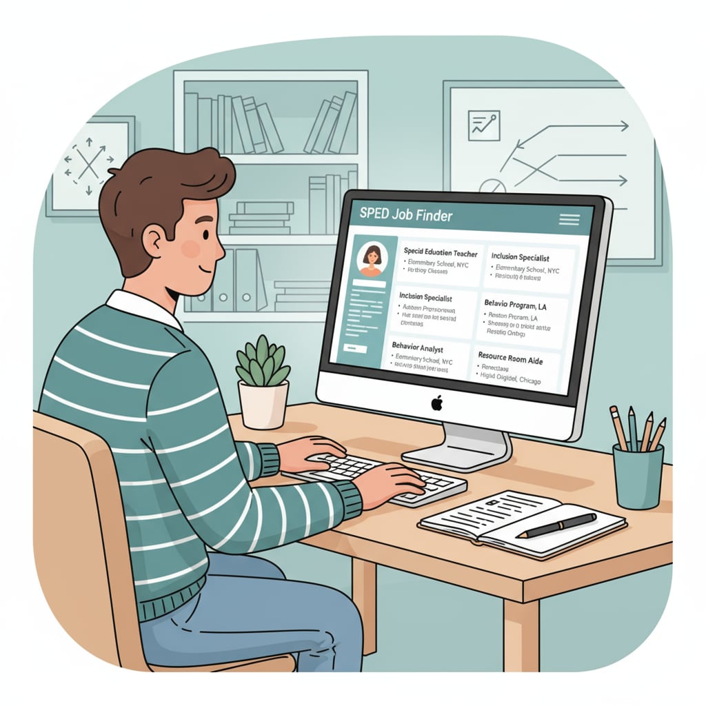 A student searching for special education summer jobs on a computer