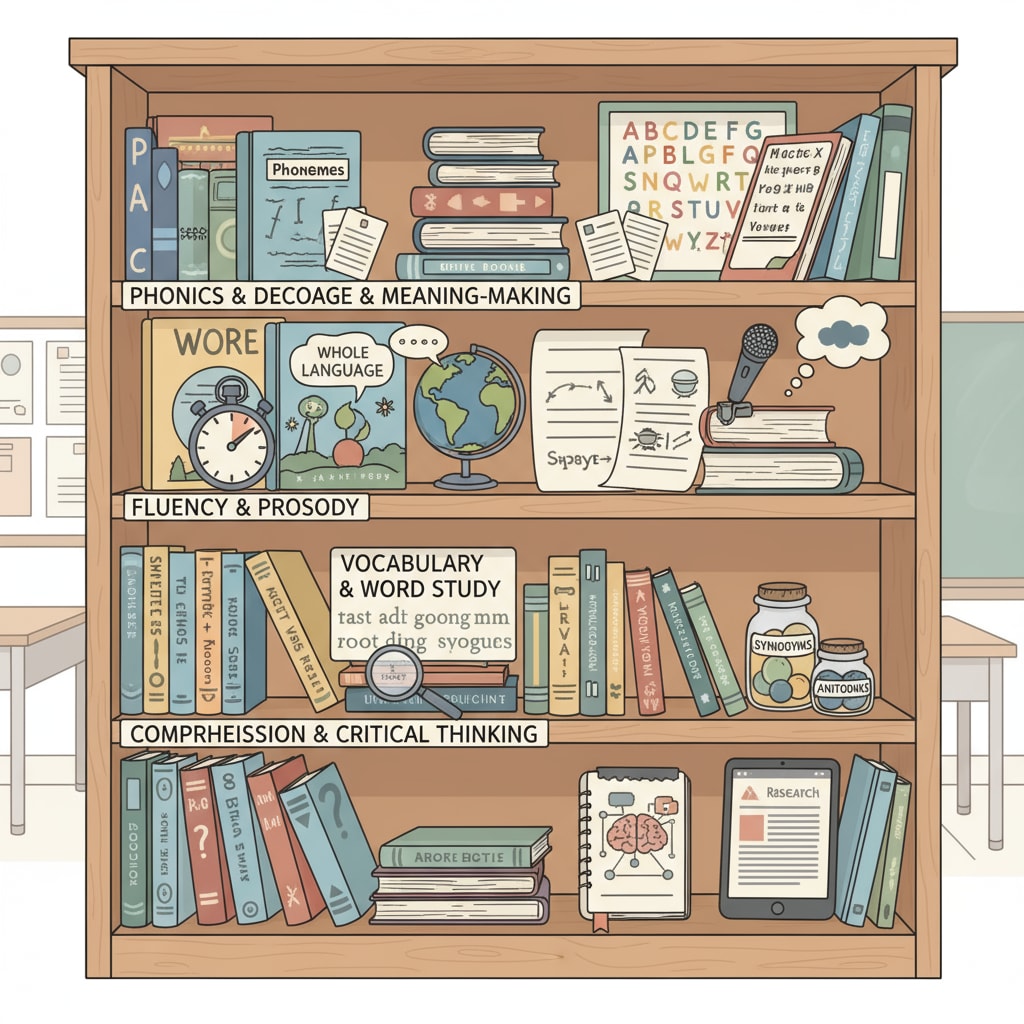 Bookshelf filled with reading materials relevant to reading instruction, school-to-prison pipeline, and education policy