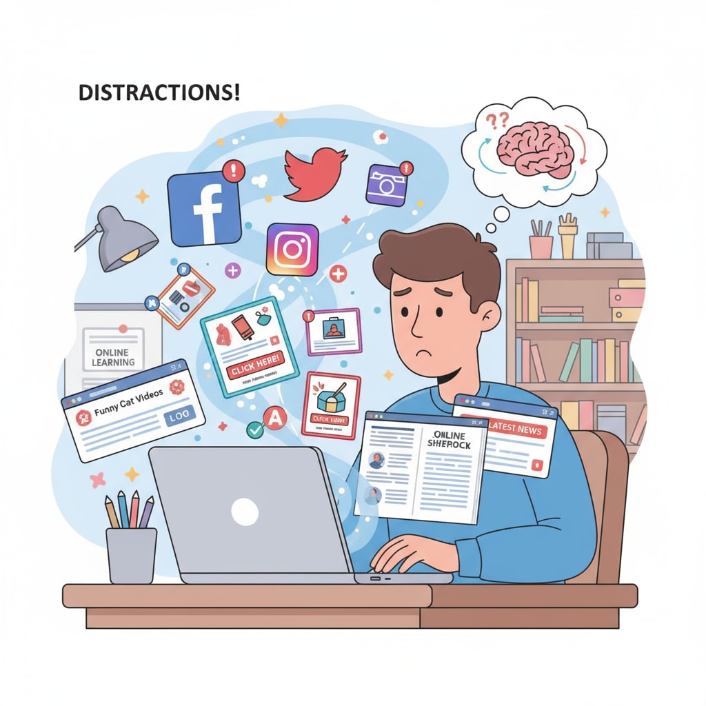 A visual representation of the distractions faced by students during online study related to learning tools, attention, and browser extensions