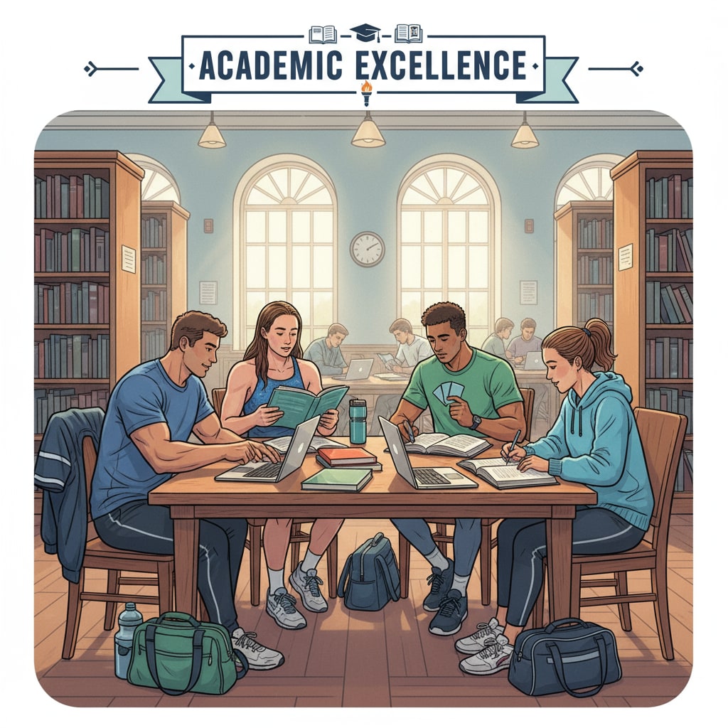 Student-athletes studying in a college library, related to college admissions and academic requirements