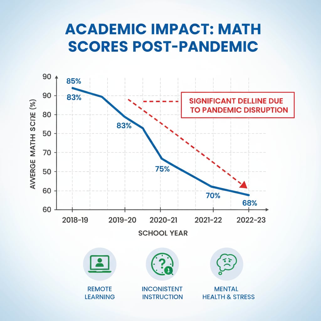 Graph depicting the decline in high school students' math scores as part of the educational assessment after the pandemic.