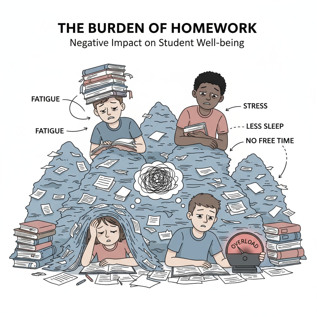 Students under stress due to excessive homework, related to educational views on the drawbacks of homework.