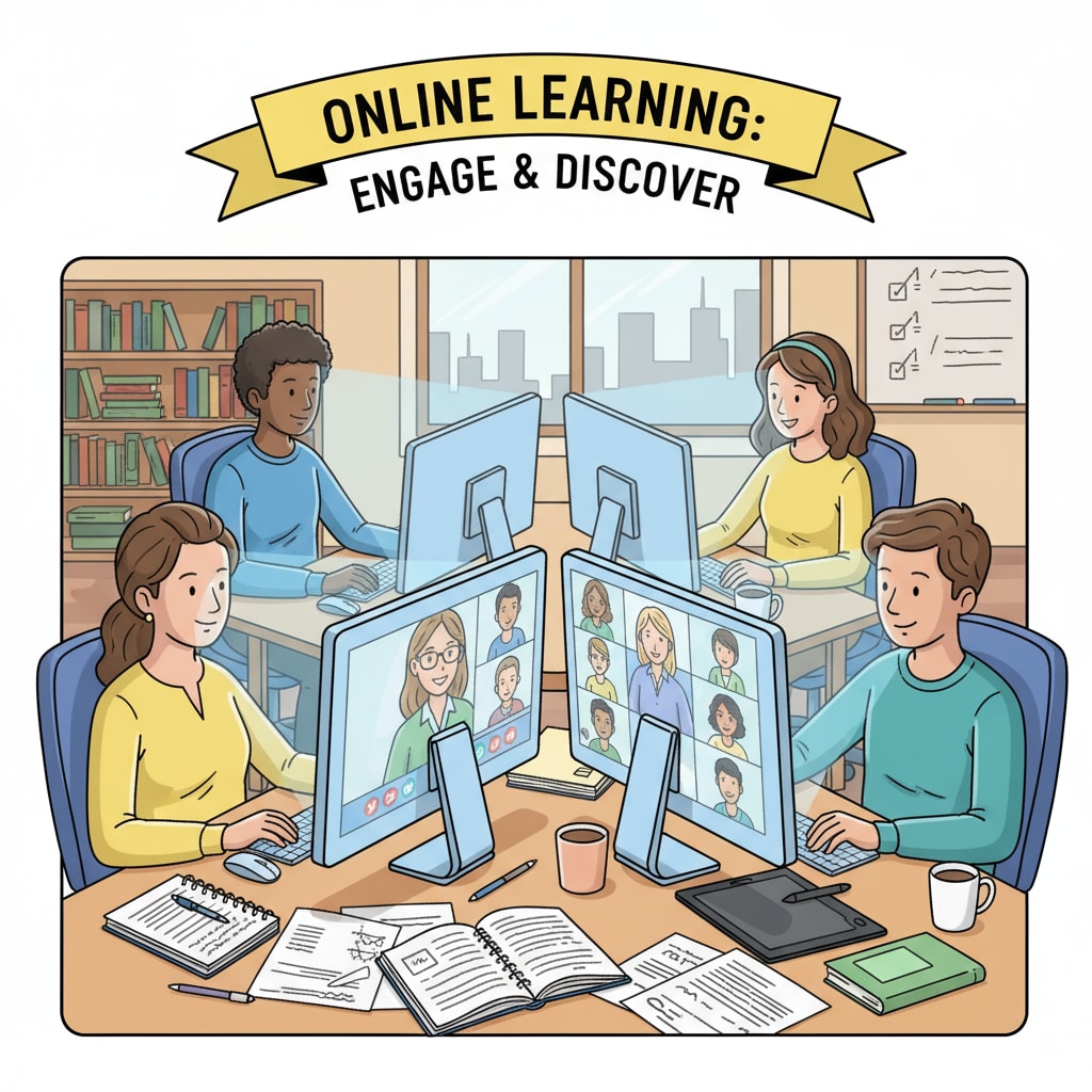 Students engaged in online learning, highlighting the aspect of online study and the potential self-discipline required in this setup, also showing the absence of a traditional campus environment.