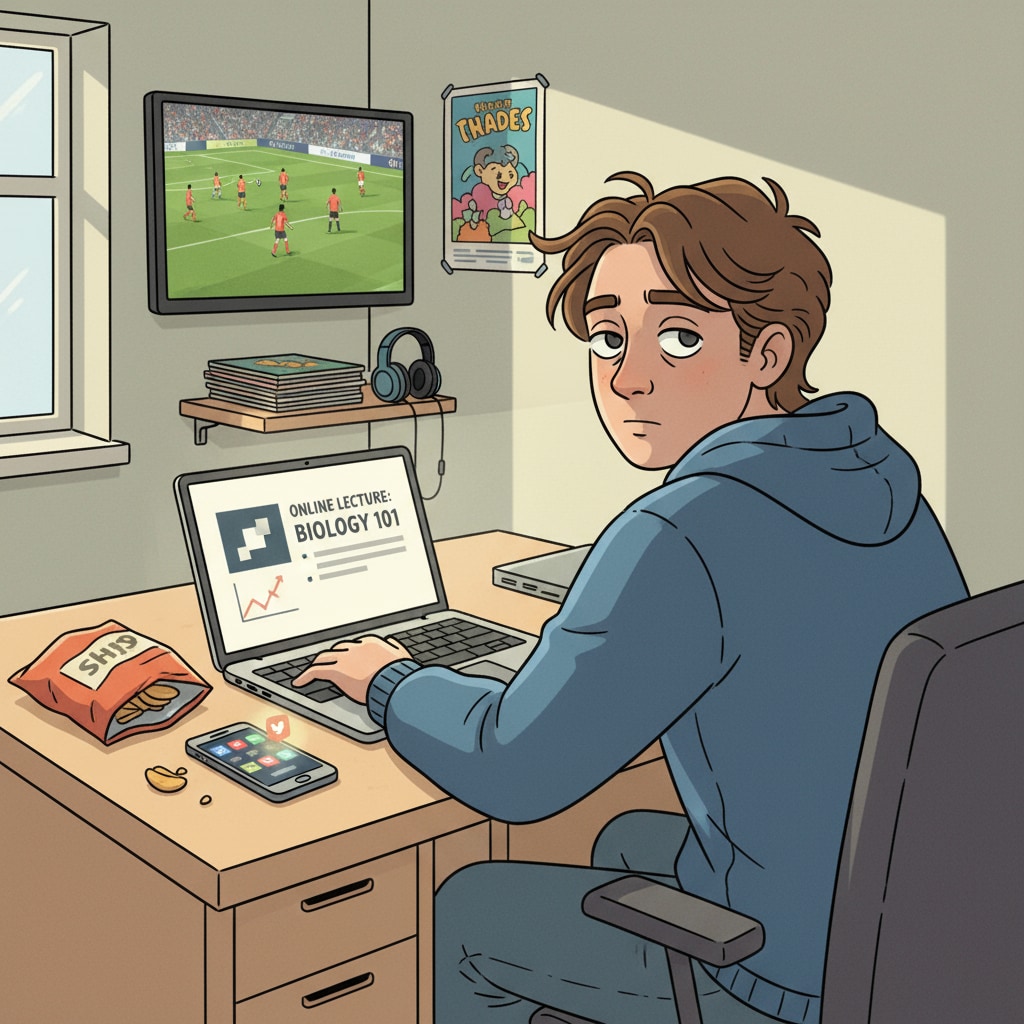 A student facing challenges in maintaining self-discipline during online learning, emphasizing the lack of a proper campus environment to aid concentration.