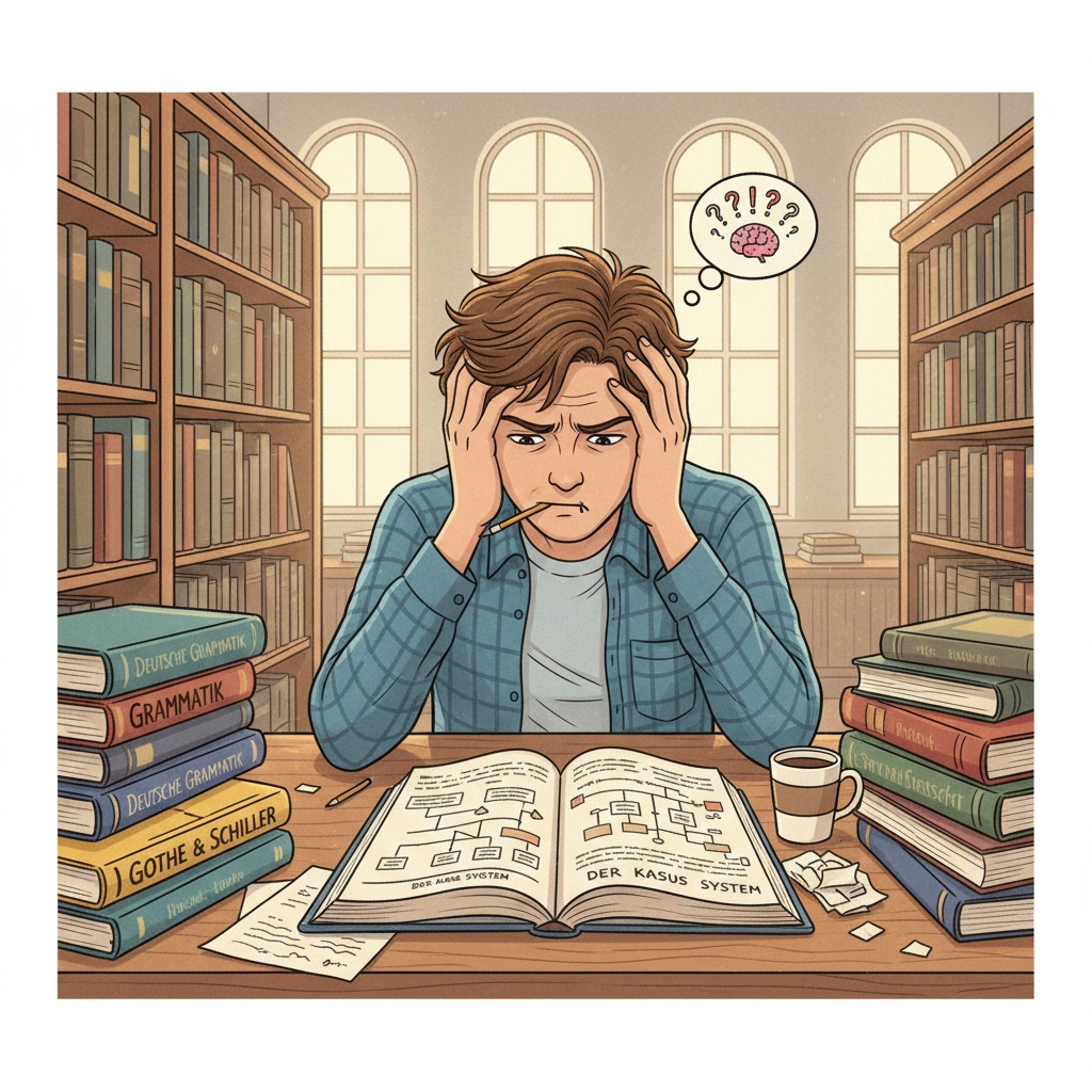 A European student facing language barriers while studying German textbooks in a library