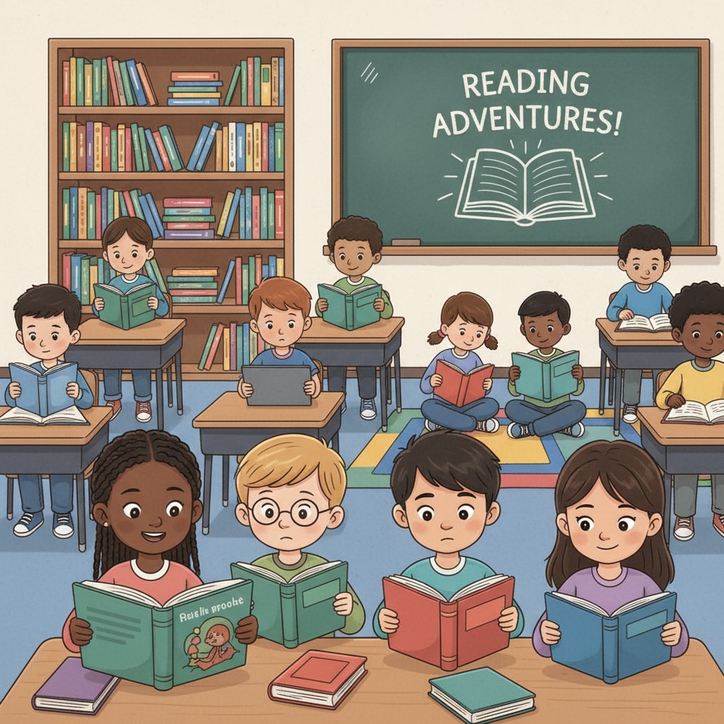 Classroom scene of students of different races reading books, highlighting reading ability, race reporting, and education gap