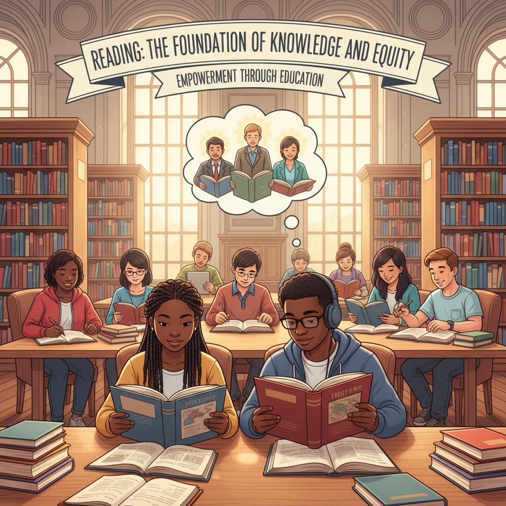 Library scene with students of various races reading, related to reading ability, race reporting, and education gap