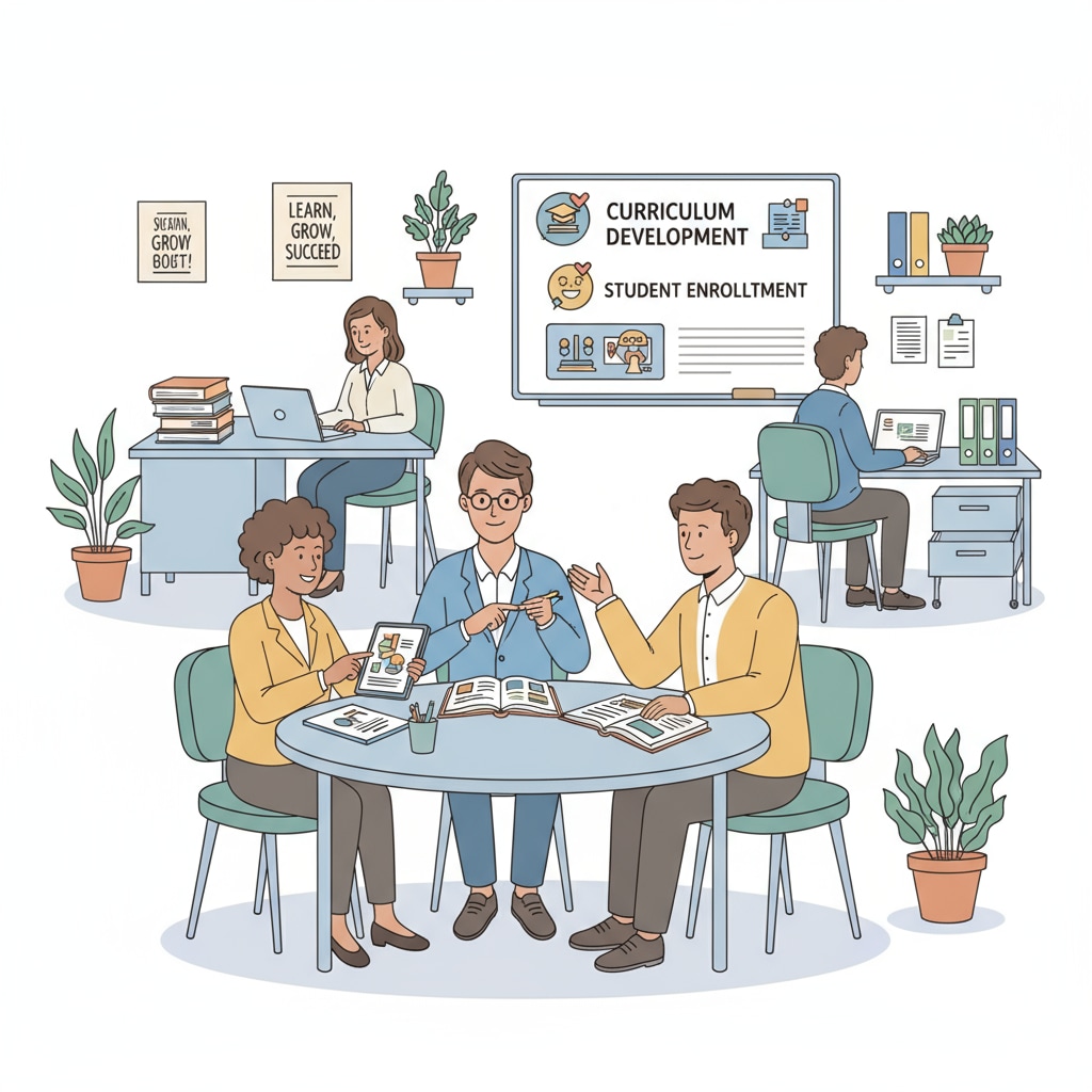 A scene of non-teaching education professionals collaborating in an administrative office, showing job security and career aspects