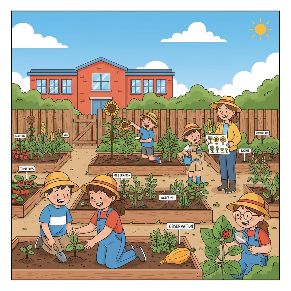 Students enjoying educational activities in a school garden, highlighting the benefits of school gardens for learning.