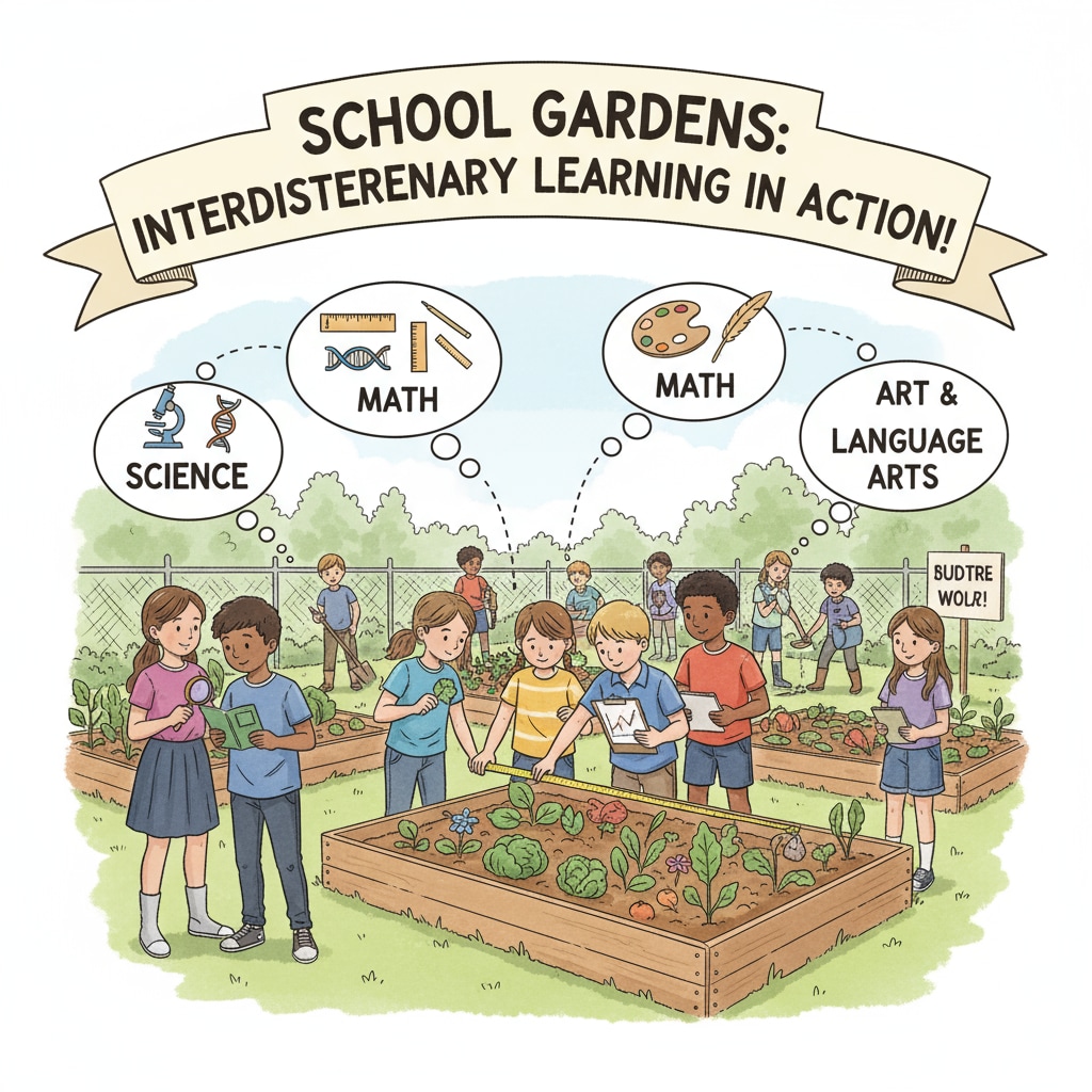 Students collaborating in a school garden, showcasing the role of school gardens in facilitating interdisciplinary learning.