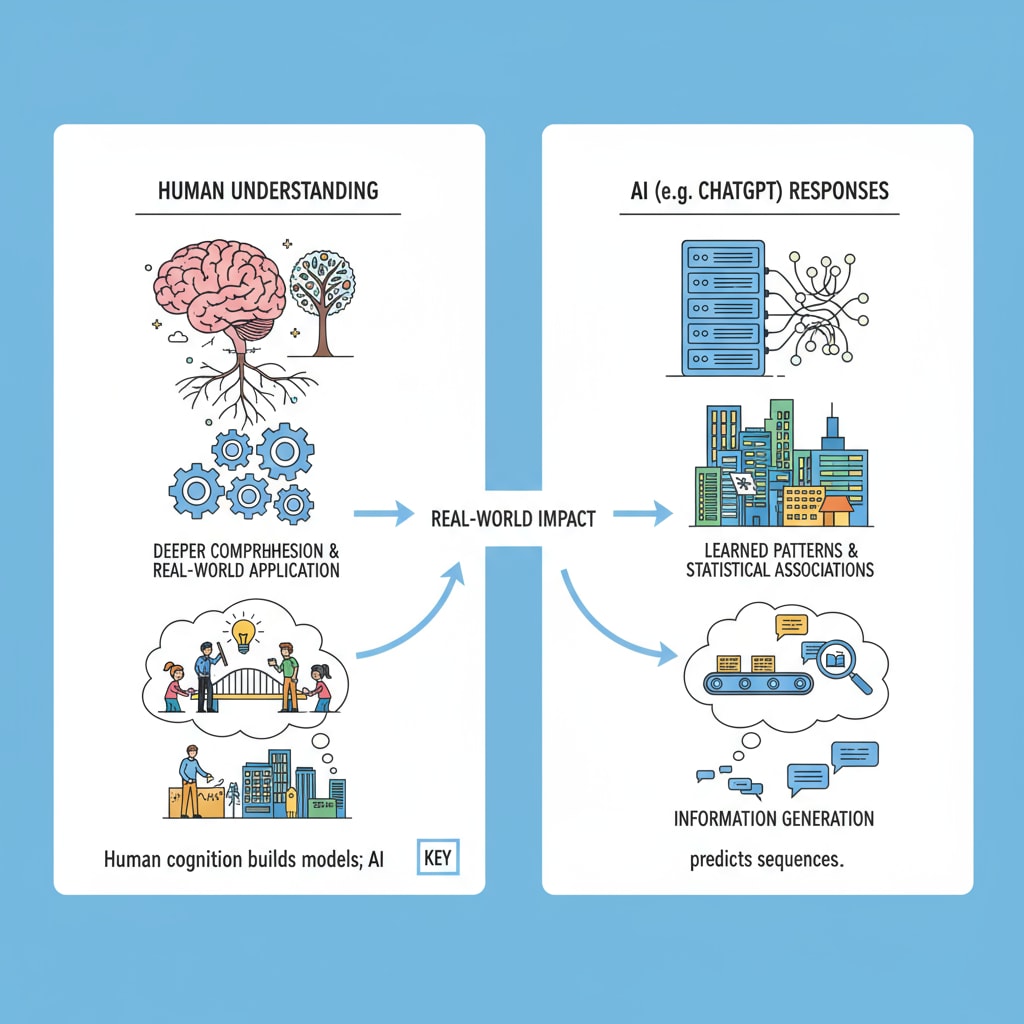 A diagram highlighting the difference between human understanding and ChatGPT's response mechanism, emphasizing ChatGPT's educational limitations.