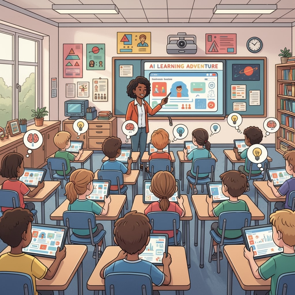 K12 students using AI-assisted learning tools in the classroom related to artificial intelligence, university education, and employment automation