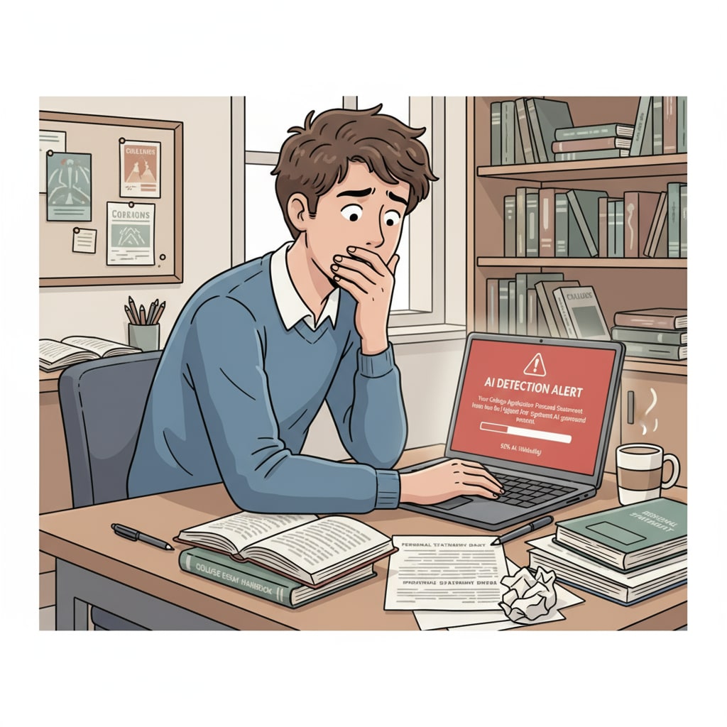 A worried student facing an AI detection issue with their college application personal statement