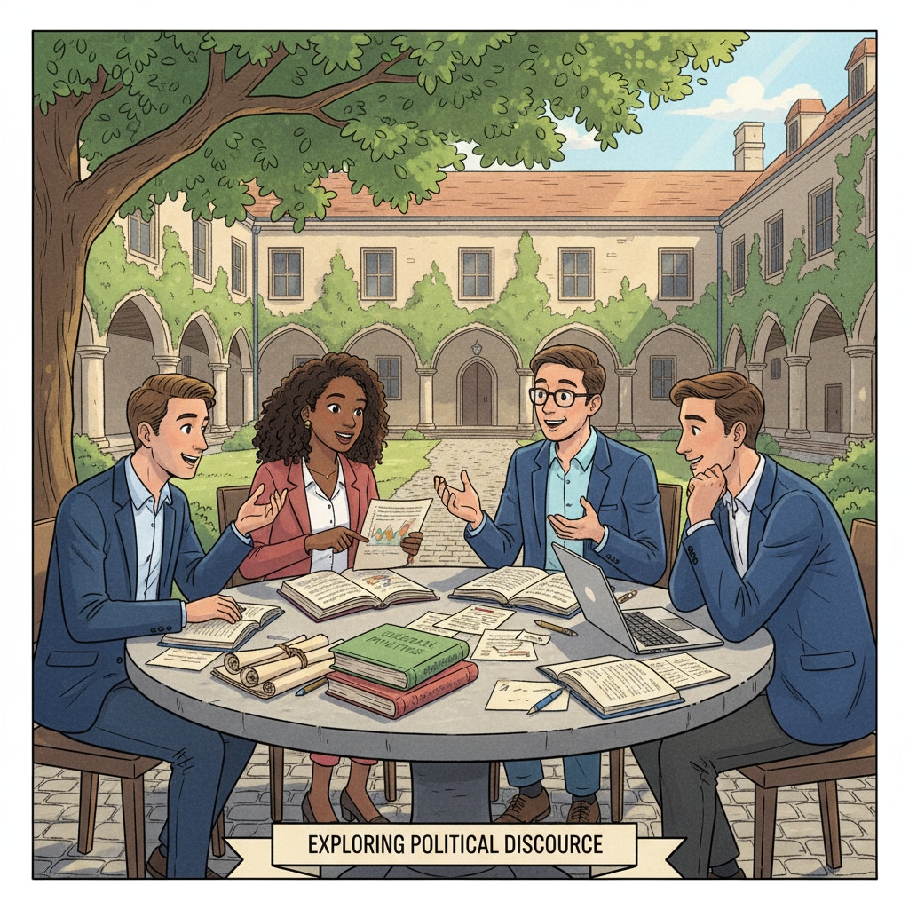Students discussing political science on a European university campus