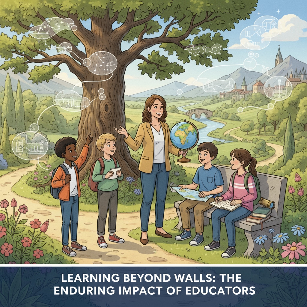 An outdoor discussion scene showcasing the influence of teachers, relevant to the podcast's theme of teacher influence.