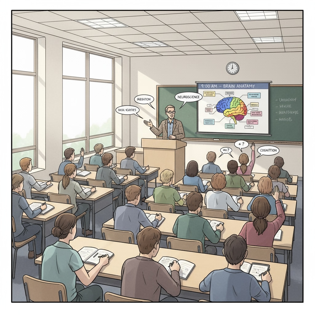Students attending a 9 AM university class related to university courses, time arrangement, and rest schedule selection