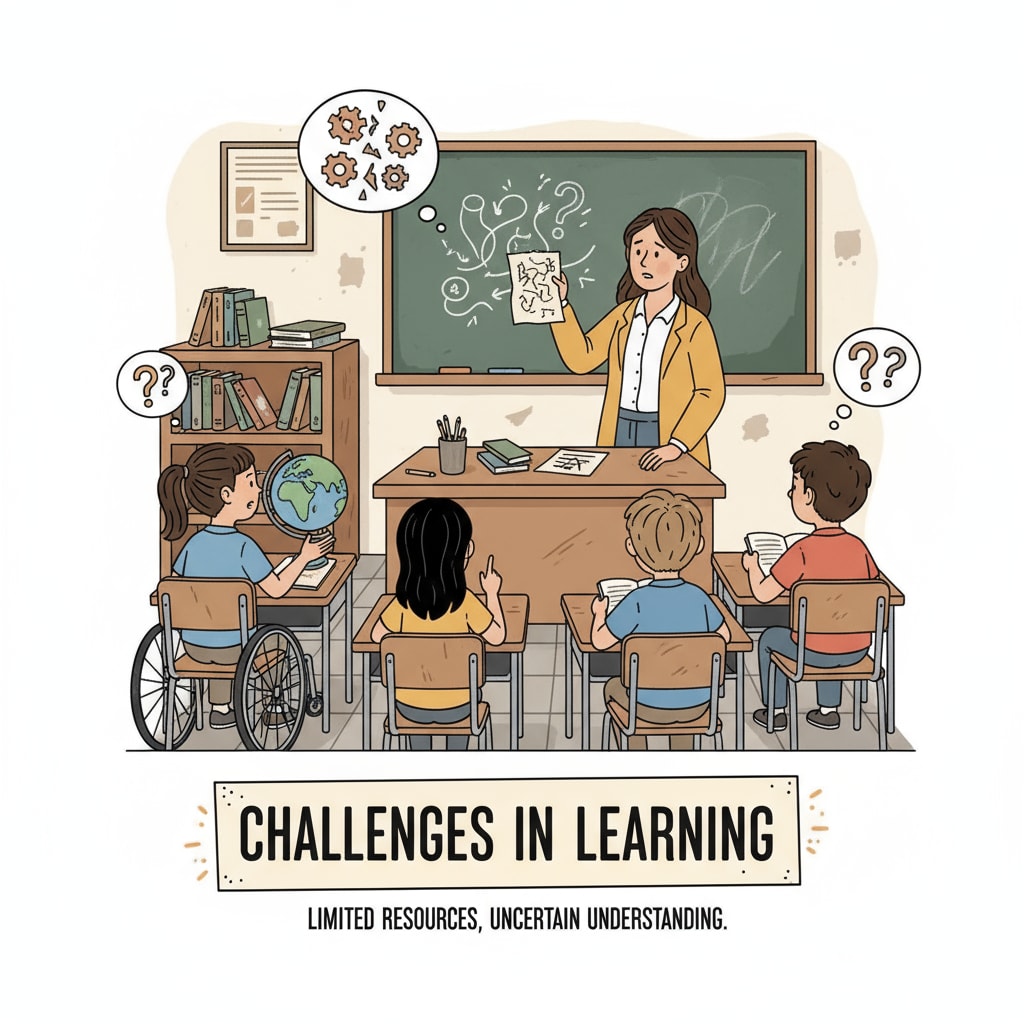A teacher facing challenges in implementing NEP due to limited resources in an Indian classroom