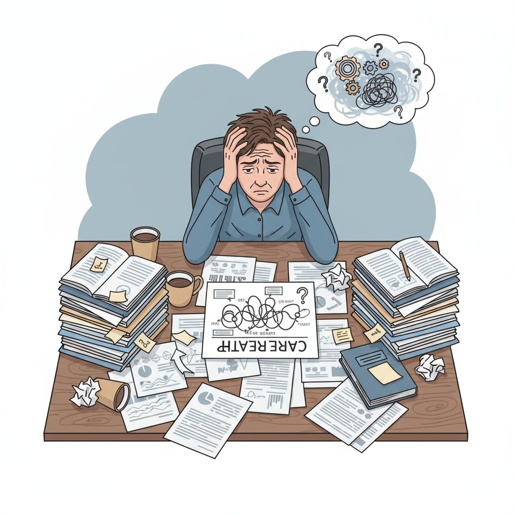 A person experiencing career confusion and psychological stress in relation to career planning and content creation