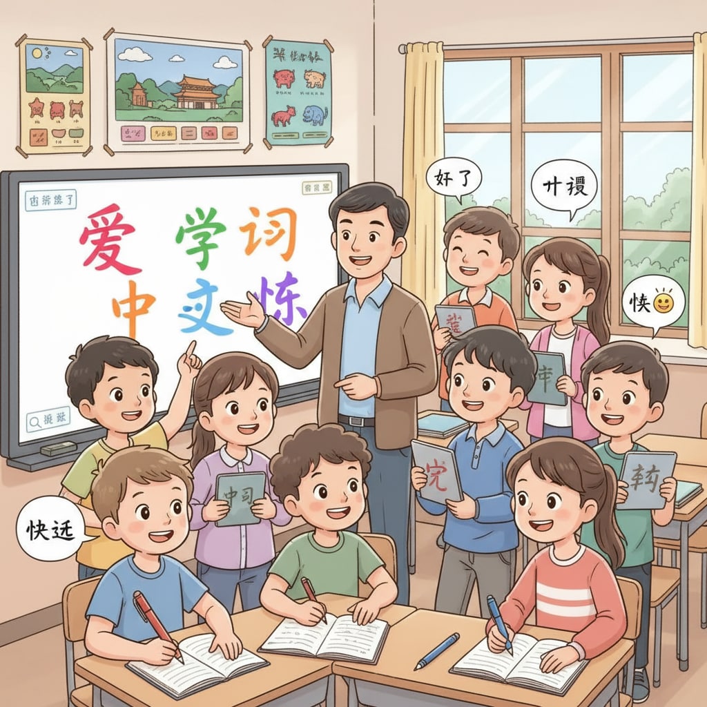 A group of K12 students are smiling while learning Chinese characters, showing their enthusiasm for language learning. K12 students learning Chinese characters, highlighting language learning, knowledge value, and cultural perspectives.